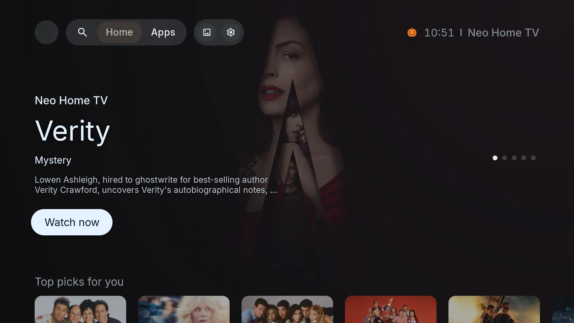 Neo Home TV home screen with a featured title and a Top picks row
